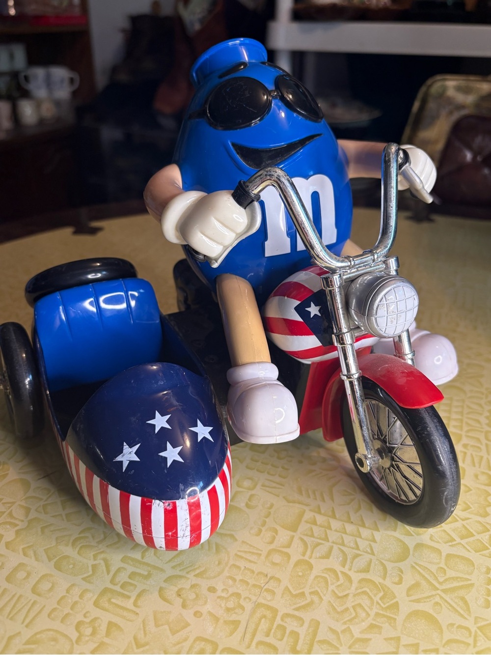 Vintage M&M'S Blue Character on Red Motorcycle with Stars & Stripes Sidecar